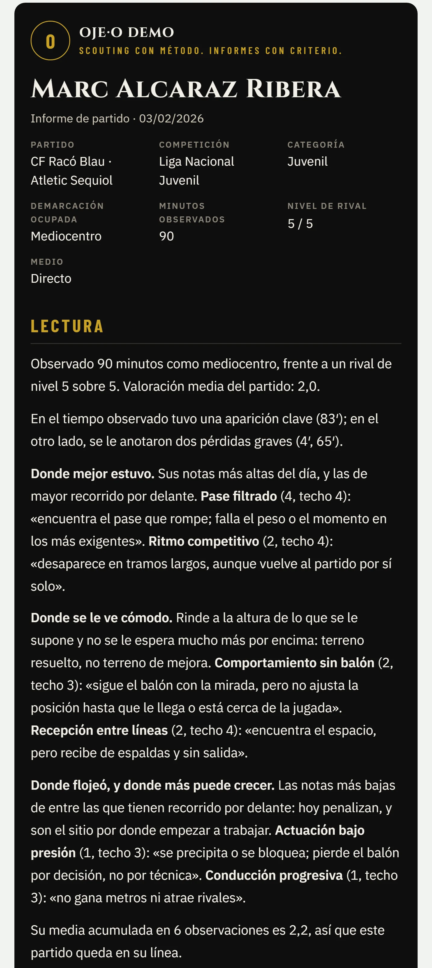 Informe de partido generado por OJE·O: cabecera con partido, competición, categoría, demarcación ocupada, minutos y nivel de rival; y una lectura en tres bloques: donde mejor estuvo, donde se le ve cómodo y donde flojeó y puede crecer.